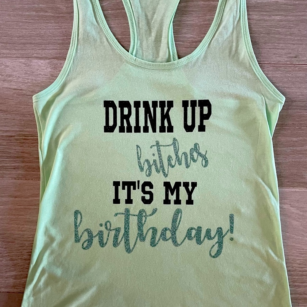 Birthday shirt. Racerback tank. Vinyl is black glitter & mint glitter